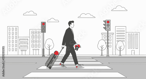 Businessman On Business Trip Crossing The Street With Luggage And Passport