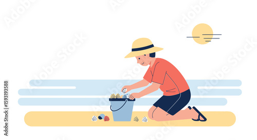 Child Collects Seashells On The Beach During Summer Vacation Trip Illustration