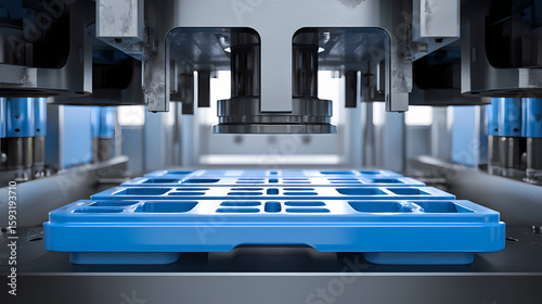 Modern plastic vacuum forming machine shaping packaging trays. form press. Illustration