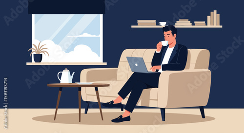 Businessman Working Remotely On Laptop Drinking Tea In Comfortable Living Room