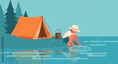 Child Plays Near Water At Camping Area, Vector Scene Illustration Graphic