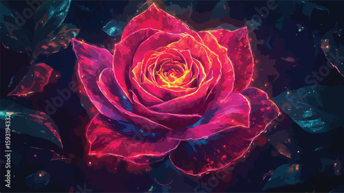 Surrealistic Red Neon Rose Flower Painting