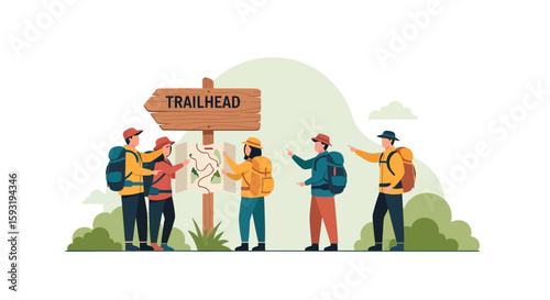 Adventurous Group Planning Hiking Adventure at Trailhead Map Location Together