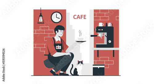 Cafe Atmosphere A Young Barista Poses Relaxed With A Coffee And A Cat