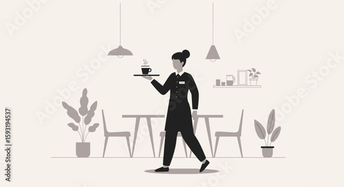 Cafe Waitress Serving Coffee, Minimalist Illustration of Restaurant Interior