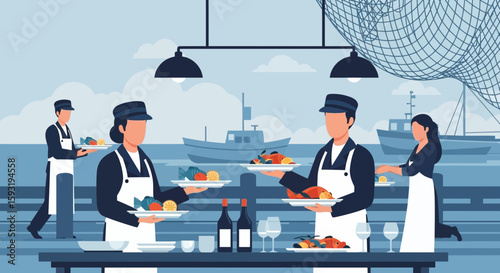 Coastal Elegance Seafood Service at Seaside Restaurant by the Ocean Vector Design