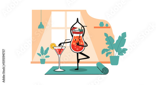 Cocktail Character Doing Yoga Pose With Martini Relaxing Illustration