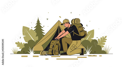 Camper Prepares Gear At Campsite Surrounded By Lush Green Foliage