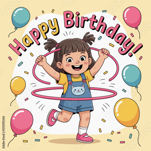 A playful girl enjoying her birthday by hula hooping among colorful balloons and sprinkles, radiating energy and joy while celebrating her special day with laughter.