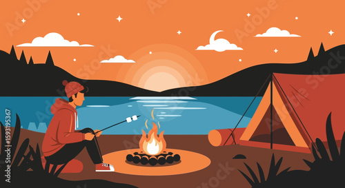 Campfire Tales Under A Starry Sky A Serene Camping Experience Illustration