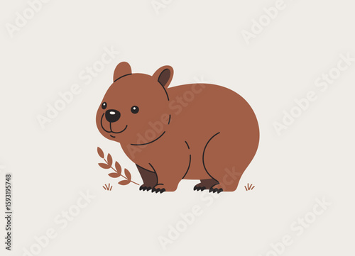 Adorable cartoon wombat character standing on grass with a leaf, perfect for children's books, educational material, and playful designs that emphasize wildlife and nature.
