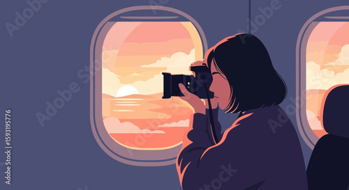 Capturing Golden Hour Onboard A Plane Young Woman Taking Picture Of Beautiful Sunset