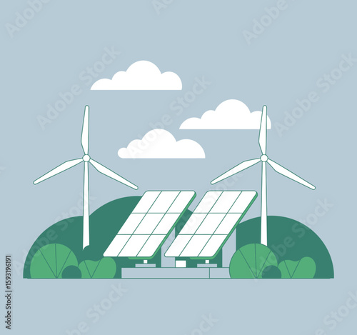 The image showcases renewable energy solutions with solar panels and wind turbines, emphasizing sustainability and eco-friendliness, vital for a greener future.