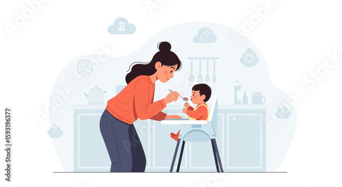 Caring Mother Feeds Her Child At Home Family Time And Babycare Concept