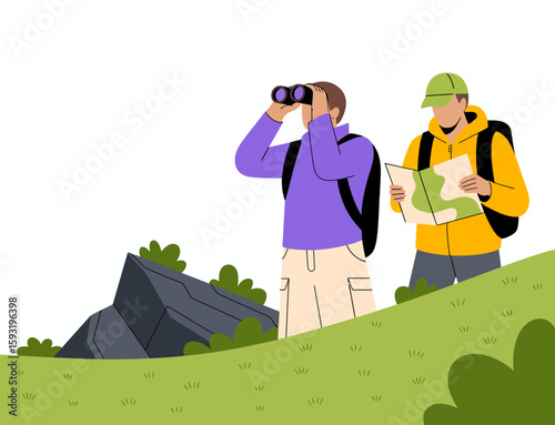 Two friends enjoy nature hiking, one using binoculars to observe the scenery while the other consults a map, showcasing friendship and adventure in the outdoors.