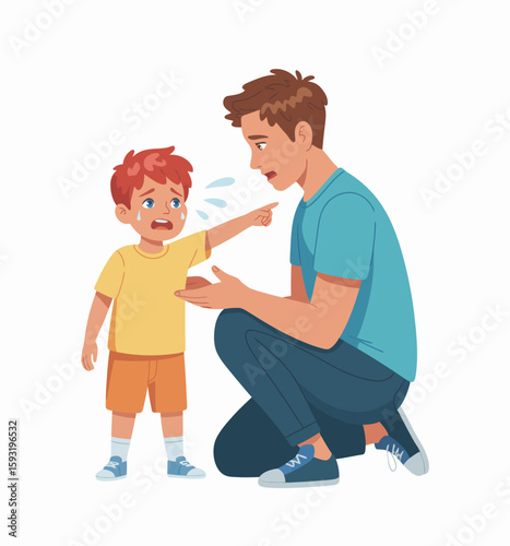 A caring father crouching down next to his crying child, illustrating deep emotional bonding, parenting, and the importance of compassion in nurturing family relationships.