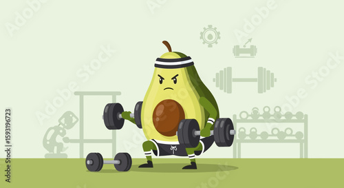 Cartoon Avocado Doing Squats With Dumbbells In The Gym For A Fitness Concept