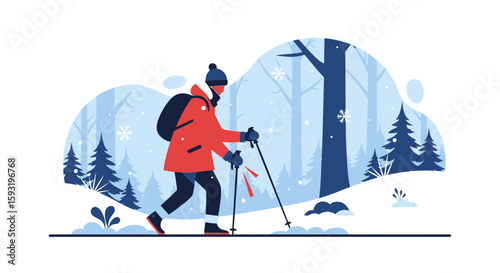 Adventurous Person Trekking Through Scenic Snowy Forest With Ski Poles