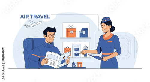 Comfortable Flight Experience Passenger Enjoying Magazine Served By Pleasant Flight Attendant