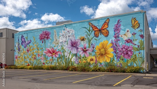 Vibrant mural of flowers and butterflies on a light-blue building facade