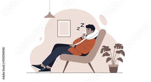 Comfortable Rest After Travel Man Relaxing In A Chair With Neck Pillow