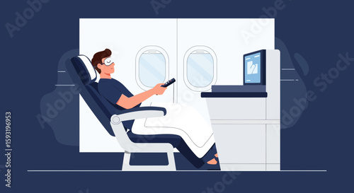 Comfortable Traveler Enjoying Inflight Entertainment in First Class Airplane Seat