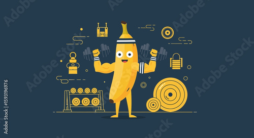 Cartoon Banana Doing Exercises, Lifting Dumbbells, And Training Muscular System