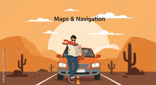 Adventurous Road Trip Man Navigating With Map In Desert Landscape