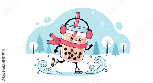 Cartoon Boba Drink Character Ice Skating In A Winter Wonderland Scene