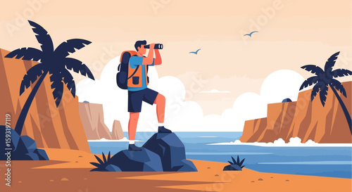 Adventurous Tourist Exploring Coastal Scenery With Binoculars During Tropical Vacation