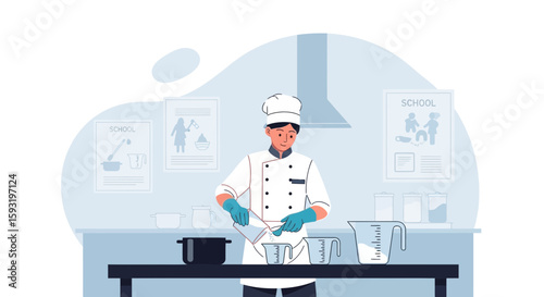 Concentrated Confectioner Carefully Preparing Dough in Culinary School Kitchen Scene