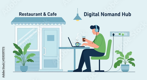 Concept Of Digital Nomad Working In Cafe And Utilizing Modern Amenities Available