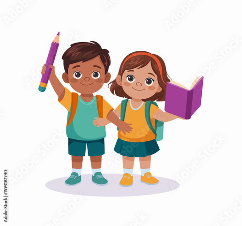 This delightful illustration shows two joyful children holding school supplies, promoting education and collaboration as they embark on their learning journey together.
