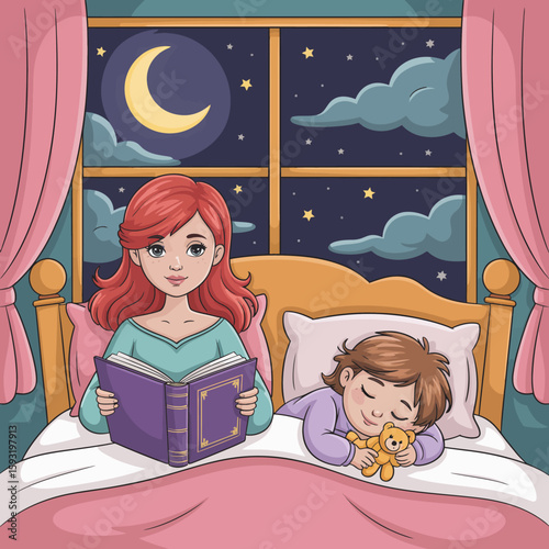 A mother reads a bedtime story to her child who is peacefully sleeping, capturing the warmth, love, and tranquility of nighttime routines and nurturing family moments.
