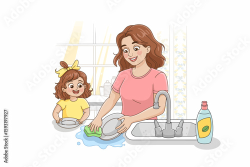 The heartwarming scene depicts a mother and her daughter joyfully washing dishes, symbolizing togetherness, bonding moments, and teaching responsibility in daily life.