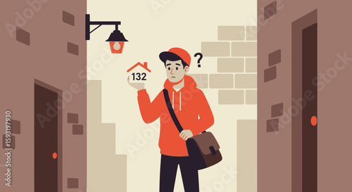 Confused Delivery Guy Trying To Find An Address On A Narrow Street