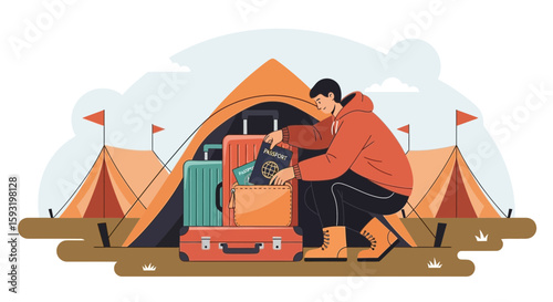 Adventurous Traveler Preparing For A Trip At Campground Illustration