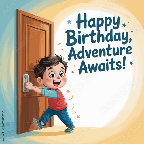 A joyful child happily runs through a door, excited for a birthday adventure ahead, portraying the innocence and thrill of childhood celebrations and new experiences.