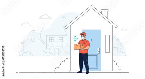 Contactless Delivery Service With Safety Measures By Delivery Man During Pandemic