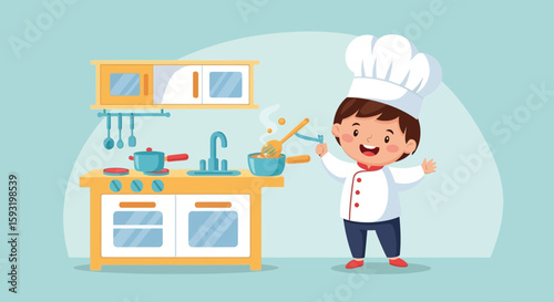 Cartoon Child Pretending To Be A Little Chef In Kitchen Preparing Food