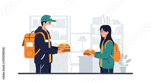 Contactless Food Delivery Courier Wearing Mask Giving Order To Customer At Home