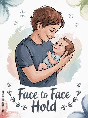 A tender illustration showing a father holding his baby in a loving face-to-face position. This artwork beautifully captures the affectionate bond between parent and child.