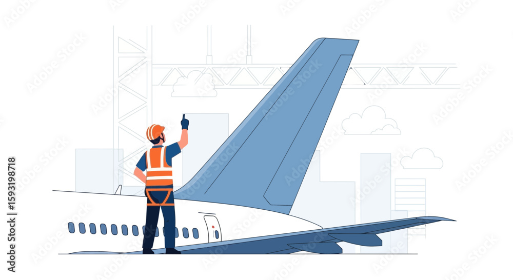 Obraz premium Aerospace Engineer Inspecting Airplane Tail During Maintenance Operation And Pointing Upward