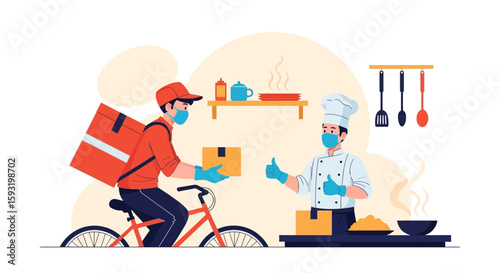 Contactless Food Delivery Service With Chef And Delivery Man During Pandemic