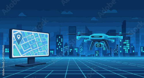 Aerial Surveillance And Digital Mapping In Futuristic City Illustration