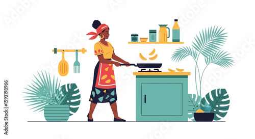 African Woman Cooking Plantains In Her Kitchen With Tropical Plants And Decor