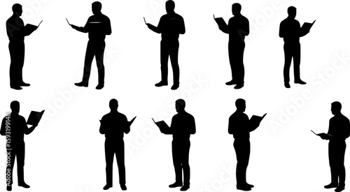 Set of male teacher with book silhouette vector