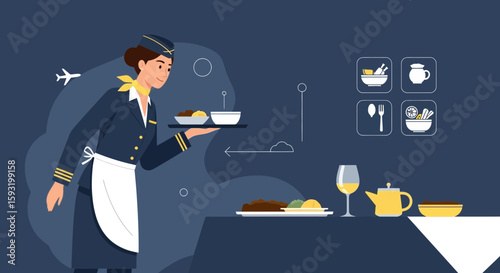 Air Hostess Serving Meal Onboard Aircraft Providing Passenger Comforts On Flight