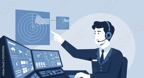 Air Traffic Controller Monitoring Radar Screens For Navigation In The Control Tower