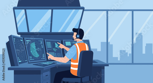 Air Traffic Controller Working At Airport Control Tower Guiding Aircrafts Safely